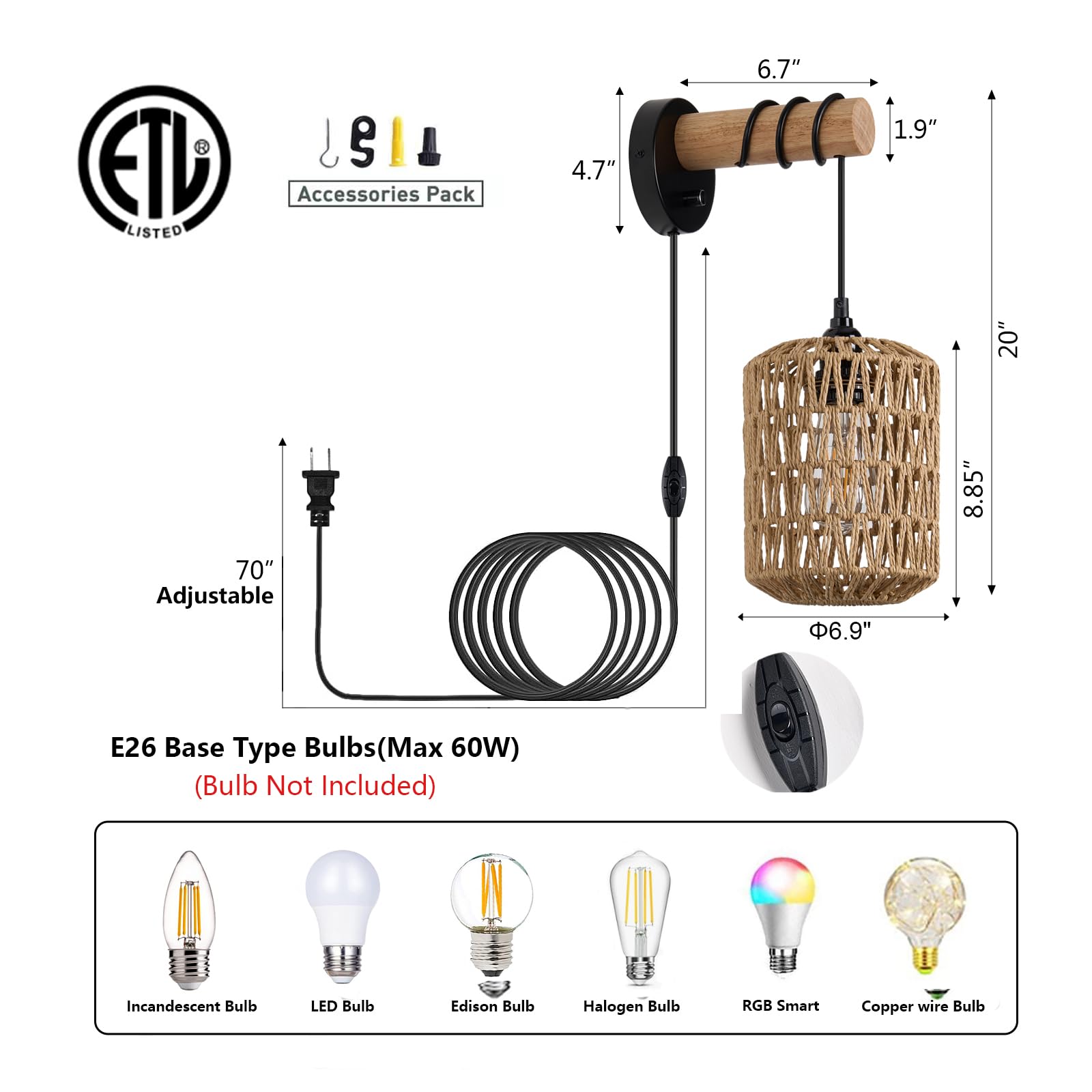 ALAISLYC Rattan Plug in Wall Sconce Bedroom Sconces Set of 2 Boho Dimmable Wall Lamp with Plug in Cord Hanging Wall Lights for Living Room