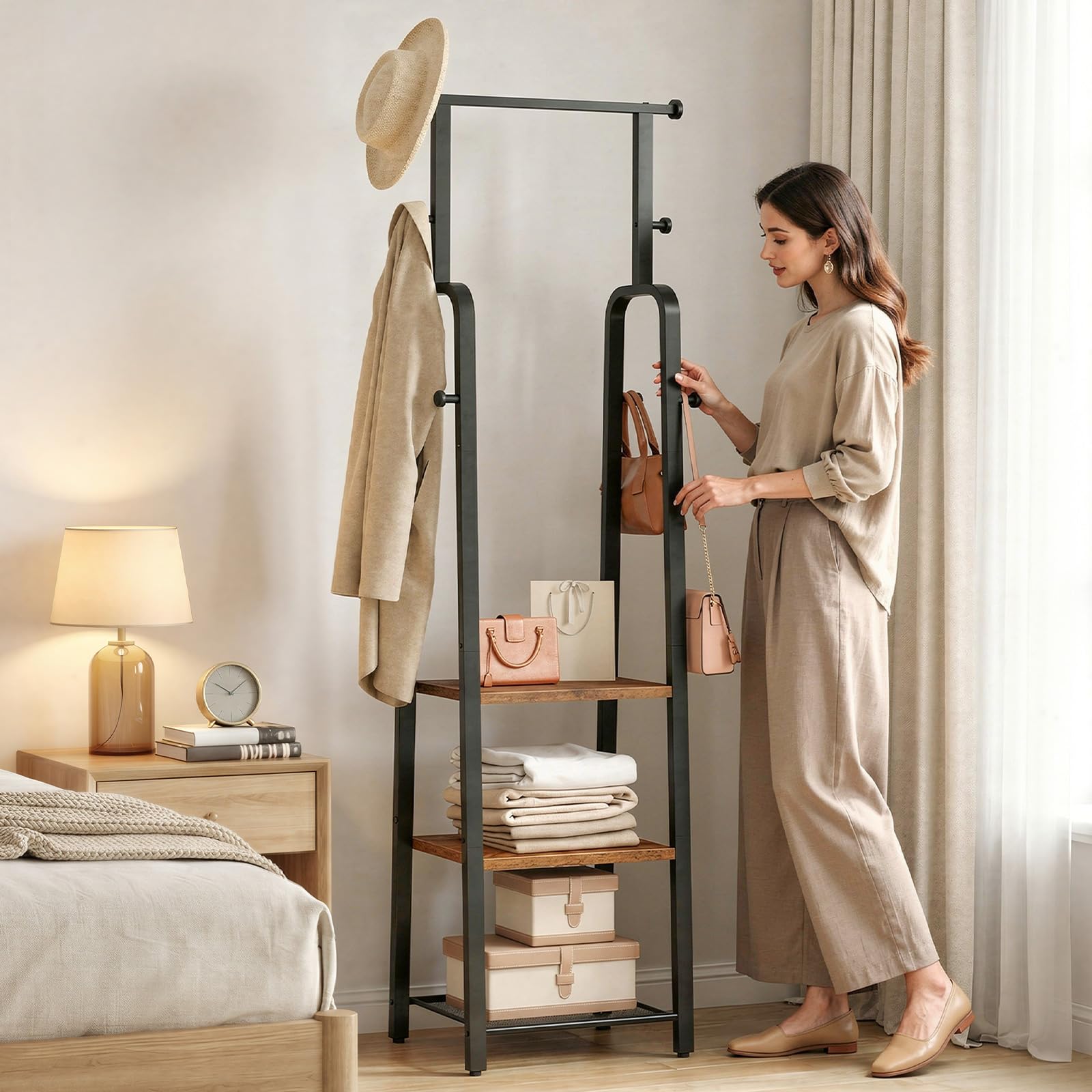 MAHANCRIS Garderobenständer mit Kleiderstange, freistehender Kleiderständer mit 3 Ablagen und 8 Haken, für Mäntel, Taschen, für Eingangsbereich und Schlafzimmer, Schwarz und Vintagebraun ACRHR14901