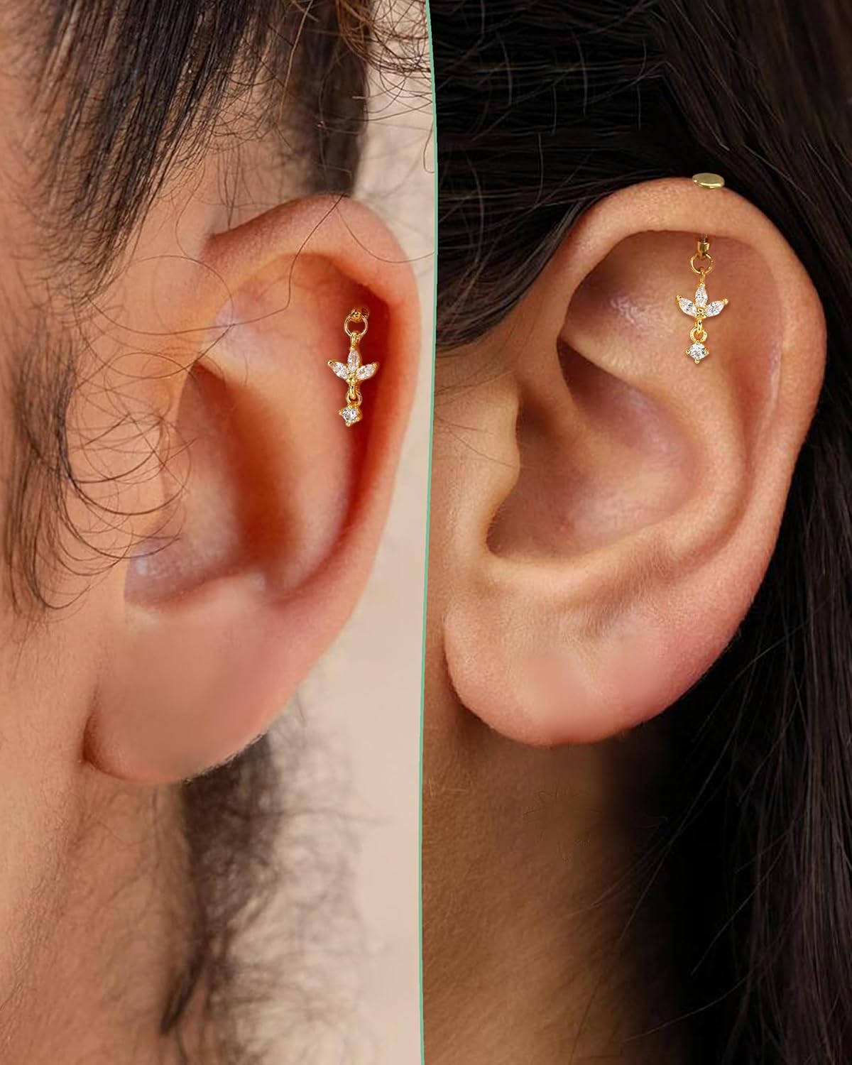 COCHARM 16G Flower Cartilage Earring Vertical Helix Piercing Jewelry, Flat Back Piercing Stud for Cartilage, Dangle Design, Gold and Silver Tone Lobe Helix Earring Stud - Image 2