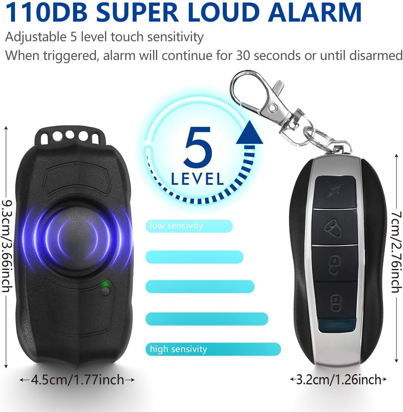 Alarm dimensions and 5-level sensitivity illustration