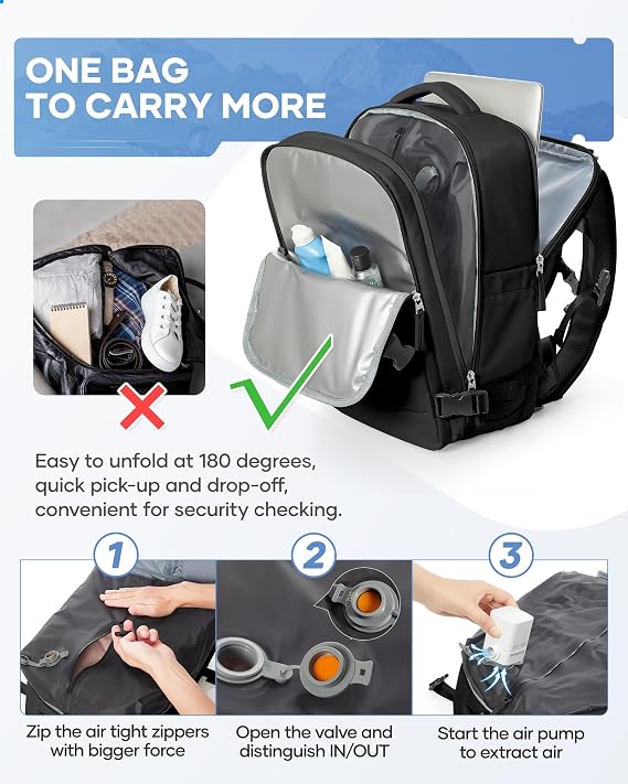 Vacuum Backpack Travel Bag with Pump, Large Travel Backpack Easyjet 45x36x20 Cabin Size,Waterproof Underseat Carry ons Personal Item Casual Daypack Laptop Backpacks Women Mens,Black