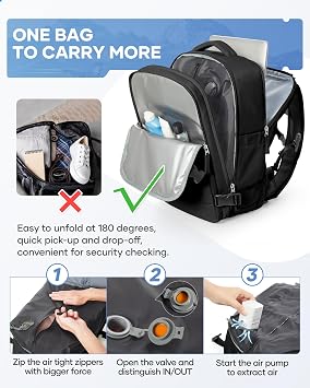 Vacuum Backpack Travel Bag with Pump, Large Travel Backpack Easyjet 45x36x20 Cabin Size,Waterproof Underseat Carry ons Personal Item Casual Daypack Laptop Backpacks Women Mens,Black