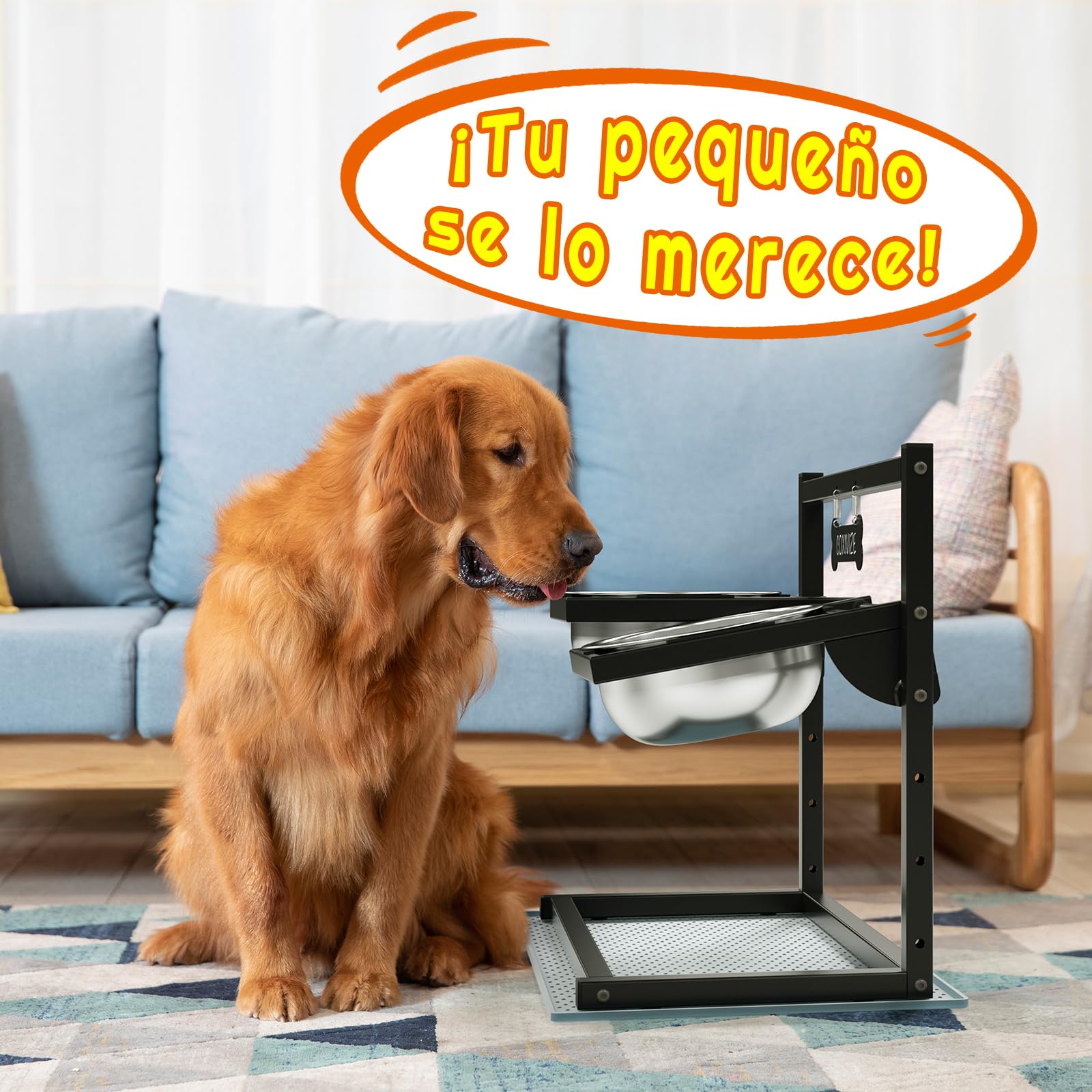 Cuencos elevados para perros con 4 altura ajustable e inclinación de 10°, 2 cuencos de comida para perros de acero inoxidable (1,5 L x 2) y alfombrilla a prueba de fugas, soporte elevado para perros