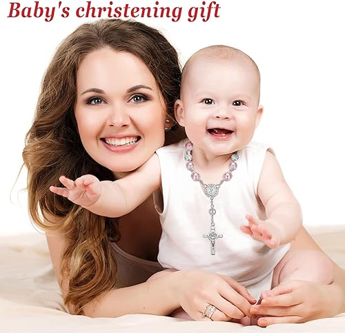 Miniatura 7 de Tudomro Rosario de cristal rosa, 24 piezas de rosario de bautismo, rosarios de dedo, perlas de imitación para bautismo, bautizo, comunión, recuerdos