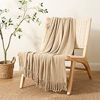 Vista 4 de BATTILO HOME Tan Throw Blanket for Couch, Knitted Boho Tan Throw Blankets for Bed Sofa, Decorative Woven Throws with Tassel, Soft Warm Khaki Blanket