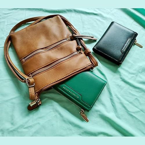 Miniatura 7 de Cartera de piel con bloqueo RFID para mujer, con tarjetero compacto y plegable con cremallera y ventana de identificación, Verde, Cartera simple y
