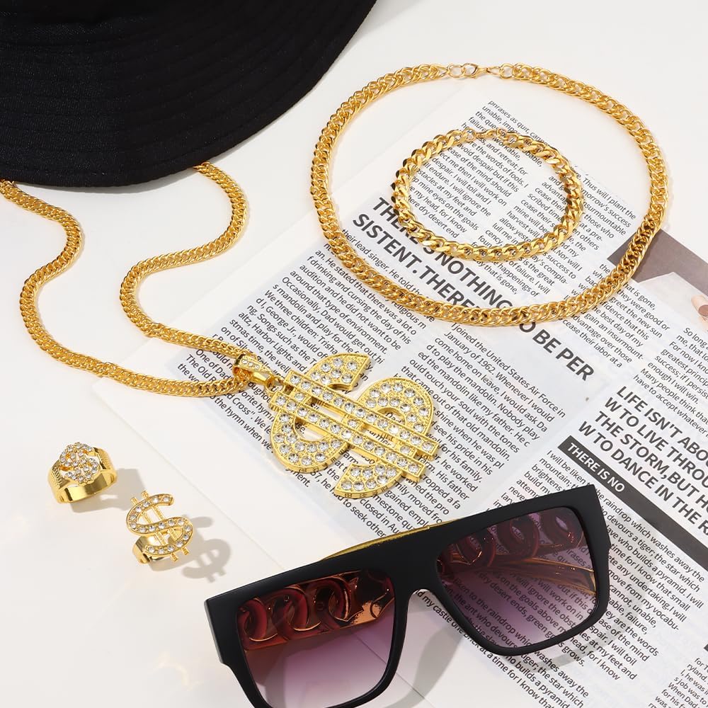 MOZAKA 7Pcs Hip Hop Costume Kit 80s 90s Rapper Accessories Fake Gold Chain