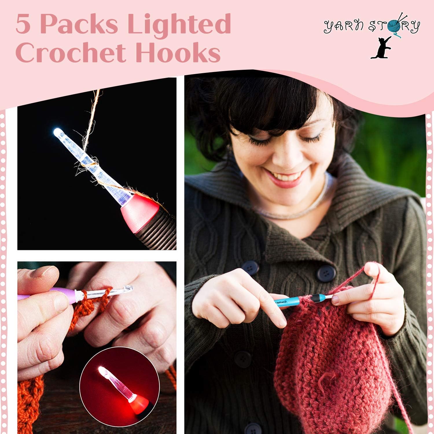 Lighted Crochet Hooks Value Pack 5/pkg Set LED Lite Hooks - Ergonomic Soft Grip Handle Needles for Arthritic Hands - Color Coded Illuminated Set of 5 Hooks Size 4.0mm to 6.0mm (5 pcs)