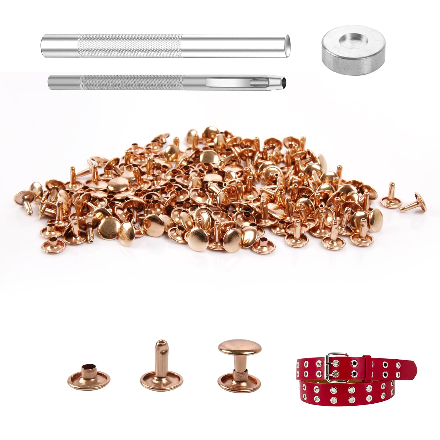 100 Sets Light Gold Leather Rivets 10x10mm, Double Cap Metal Studs with 3pcs Setting Tool Kit for DIY Leathercraft, Belts, Bags, Shoes, Clothing Repair and Decoration