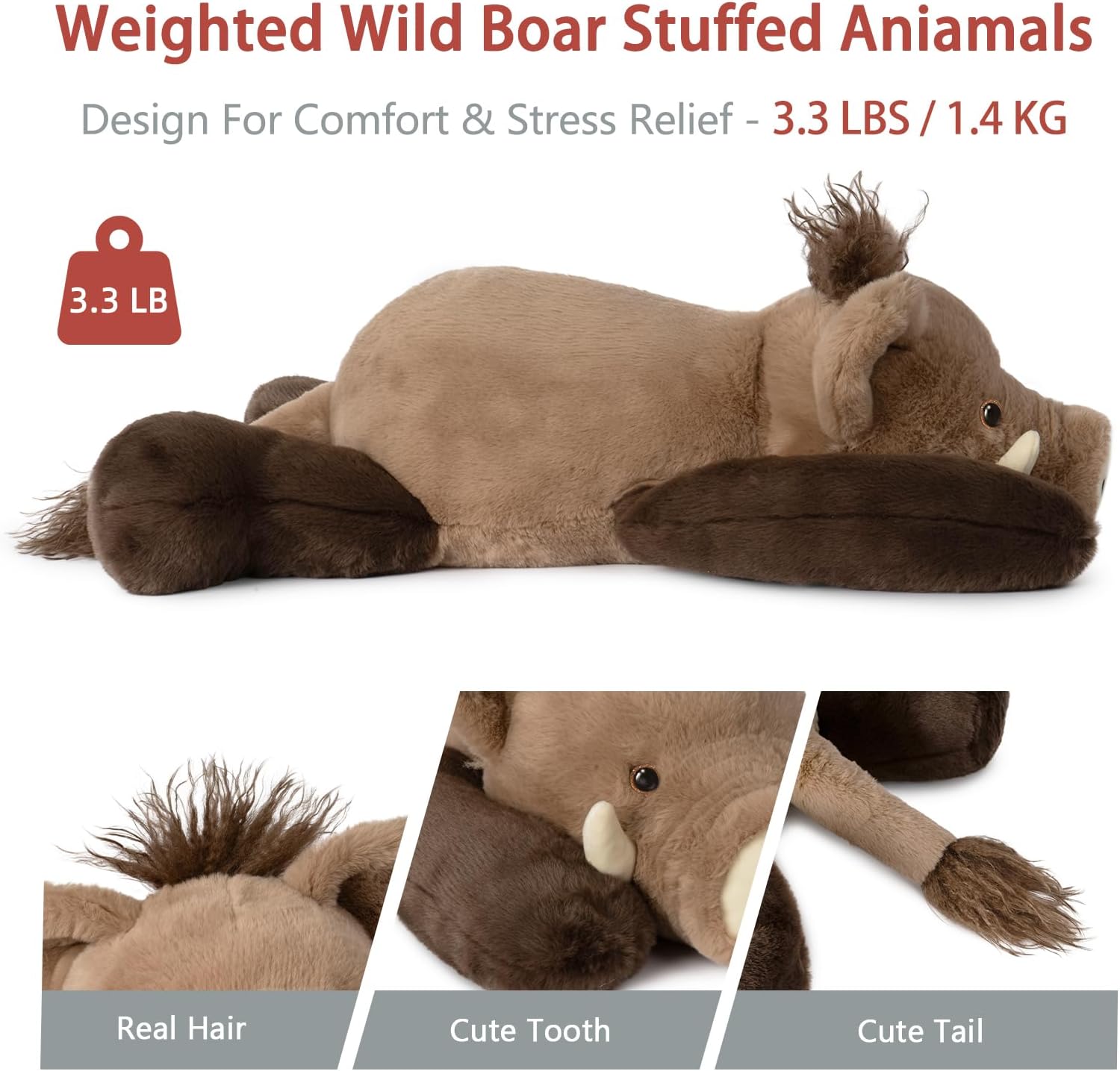 Niuniu Daddy 20" | 3.3 Pound Wild Boar Weighted Pig Stuffed Animals for Kids Adults, Large Wild Boar Weighted Body Pillow for Sleeping, Fluffy Pig Plush Toy for Birthday Christmas Holiday Presents - Image 7