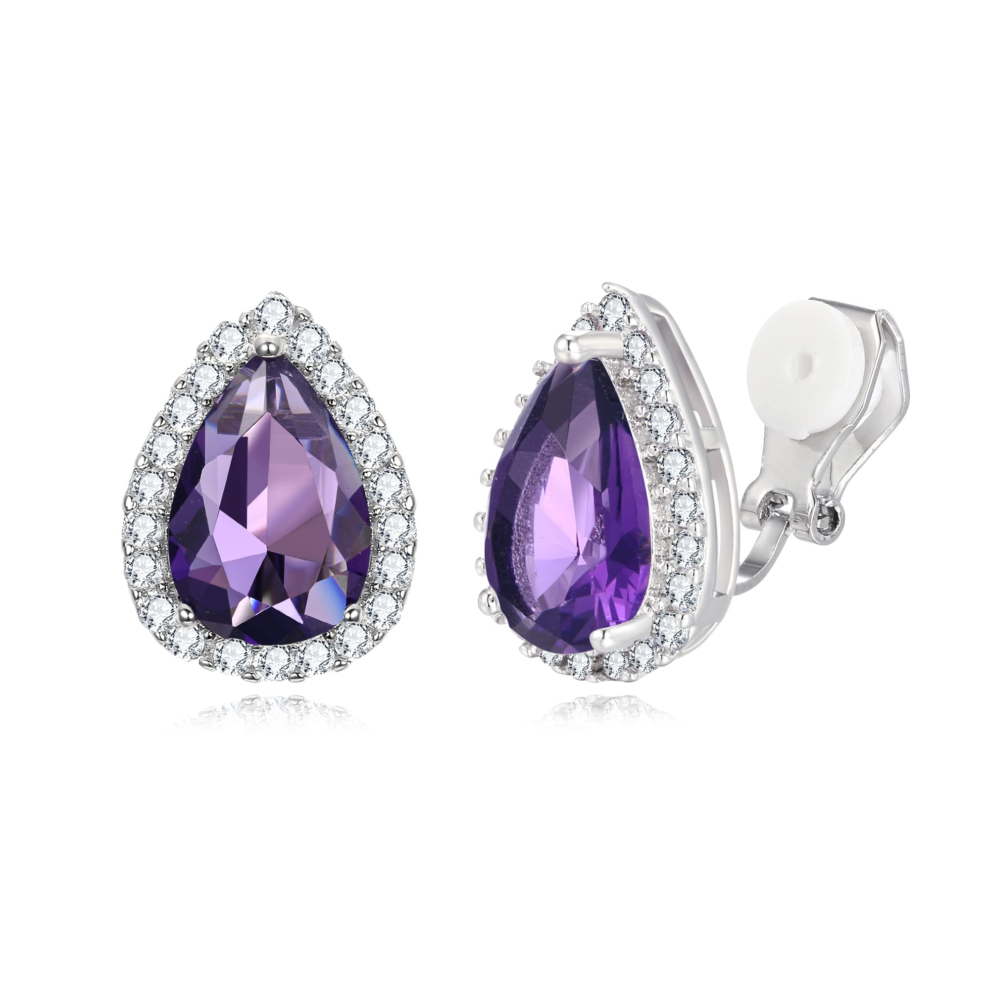 EVER FAITH Pendientes Mujer Circonio Cúbico las Damas de Honor Magníficos Aretes de Clip de la Gota para las Mujeres Violeta Tono Plateado