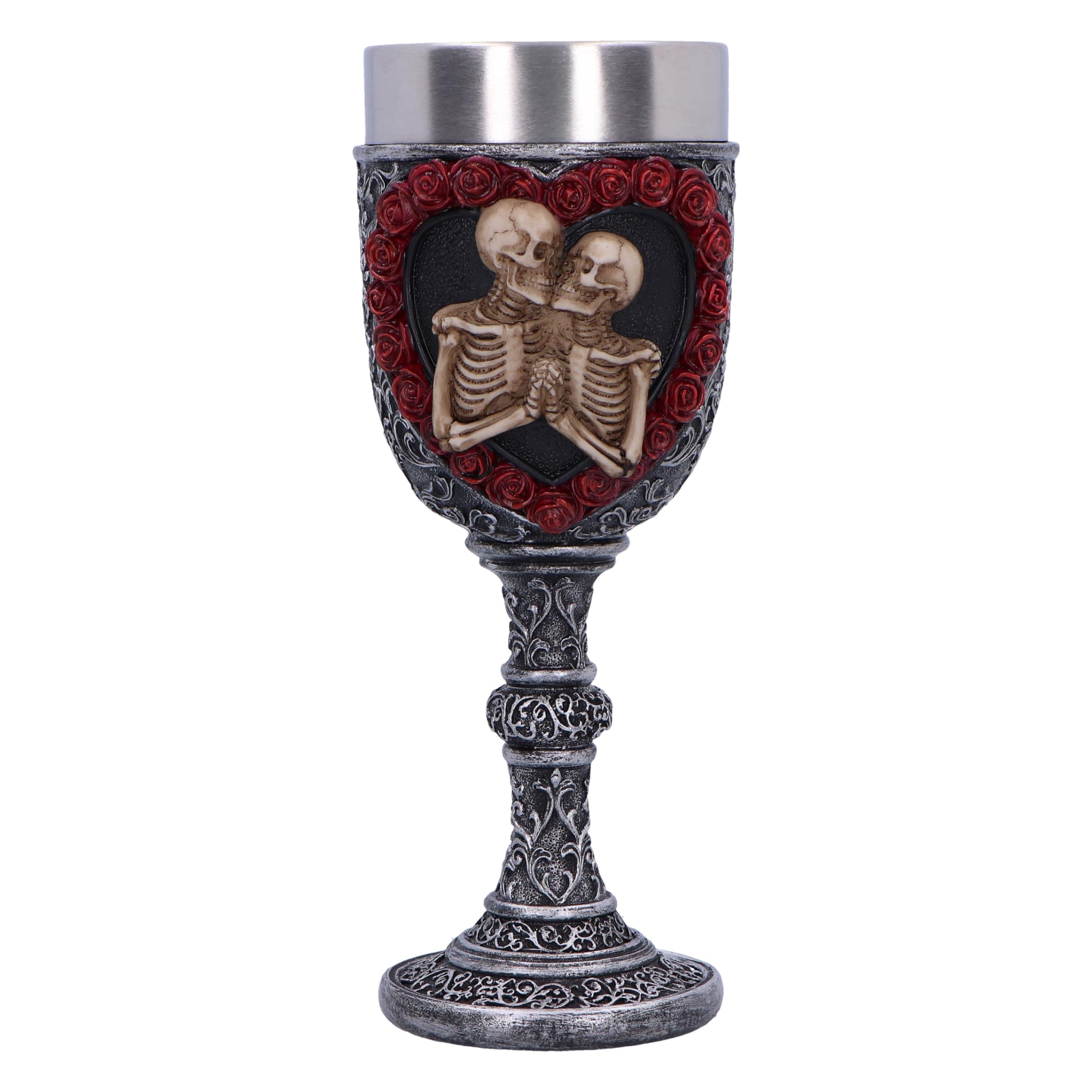 Nemesis Now to Have and to Hold Goblet 19.5cm, Silver, Resin, Skeleton Couple Goblet, Heart-Shaped Red Roses Design, Stainless Steel Insert, Cast in the Finest Resin, Expertly Hand-Painted