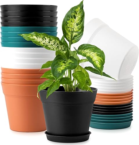 Paquete de 18 macetas de 6 pulgadas con agujeros de drenaje y bandeja, macetas para plantas de interior, decoración del hogar, macetas grandes para