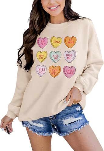 Women Valentines Day Sweatshirt Heart Conversation Shirt Long Sleeve Casual Cute Crewneck Pullover Funny Novelty Tops