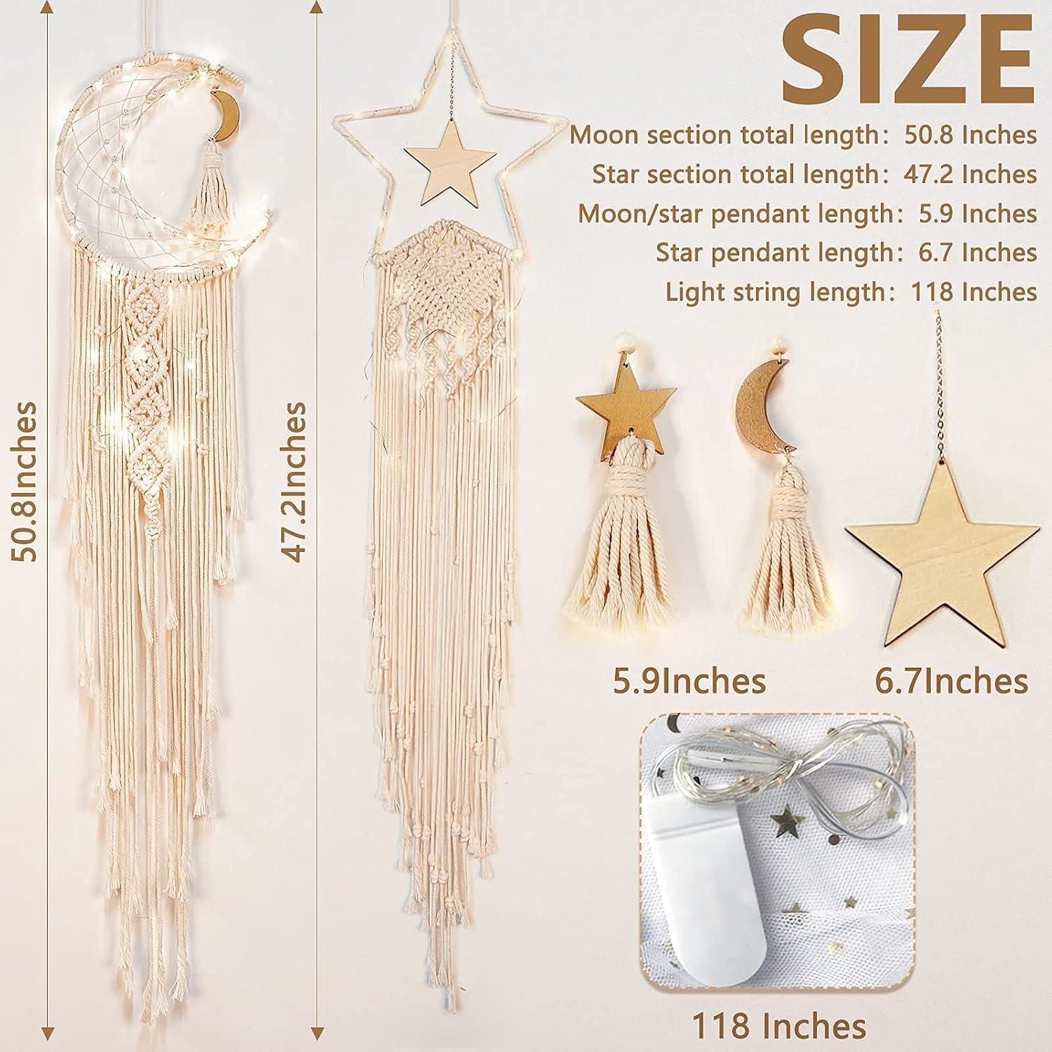 AerWo Star Moon Dream Catchers Wall Decor with Led Lights, 2 pcs Woven Macrame Wall Hanging Boho Decor for Bedroom Living Room Home Wedding Decor, Craft Gift for Kids Girls Boys Women Friends