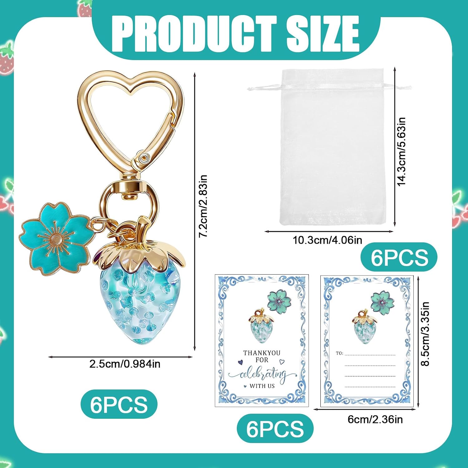 Strawberry Keychain Favors Set, Kawaii Heart Keyring with Pink Flowers, Christening Birthday Party Gifts image 2