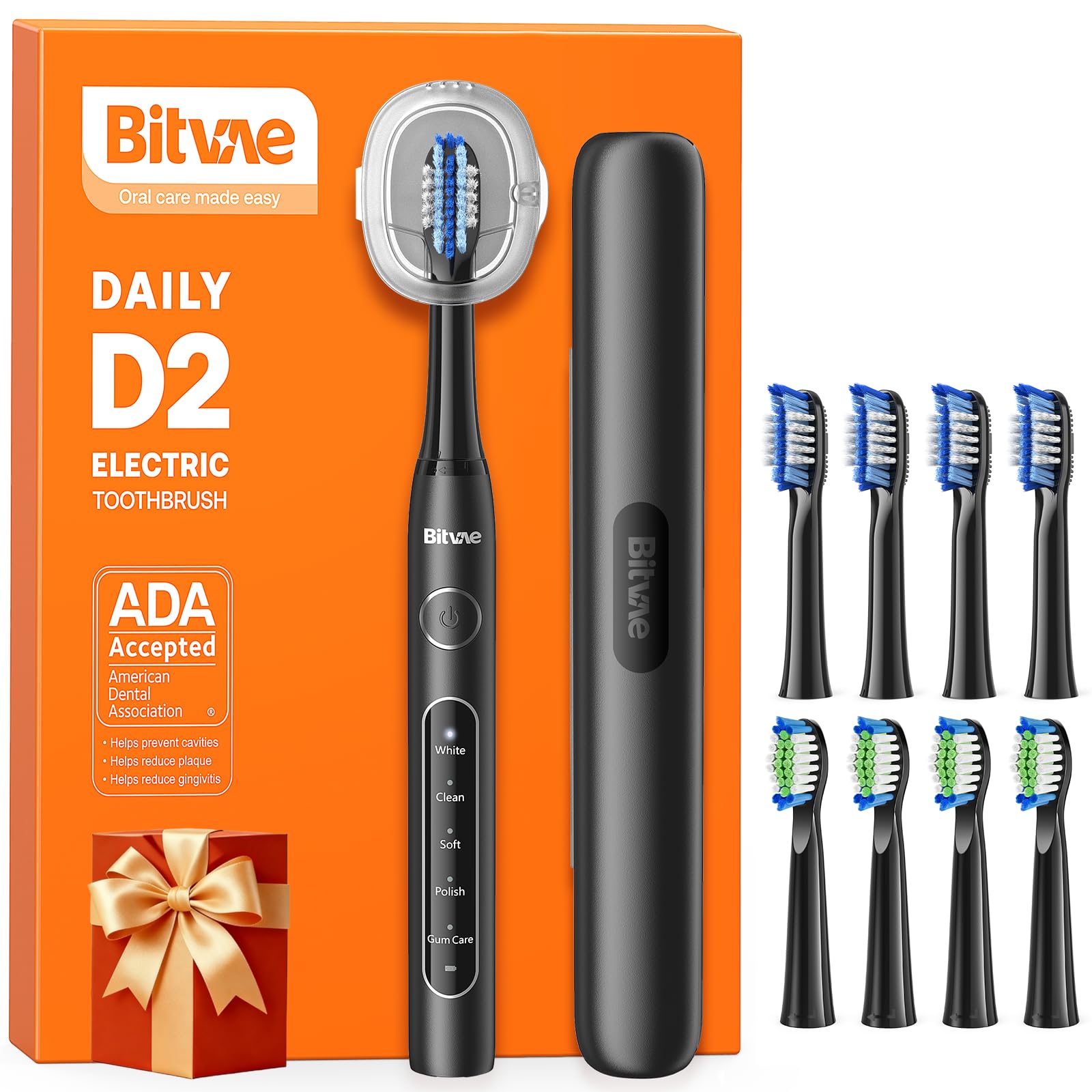 – D2 Ultrasonic Electric Toothbrush for Adults and Kids, Electric Toothbrush with Rechargeable Power, 8 Toothbrush Heads and 5 Modes, Black