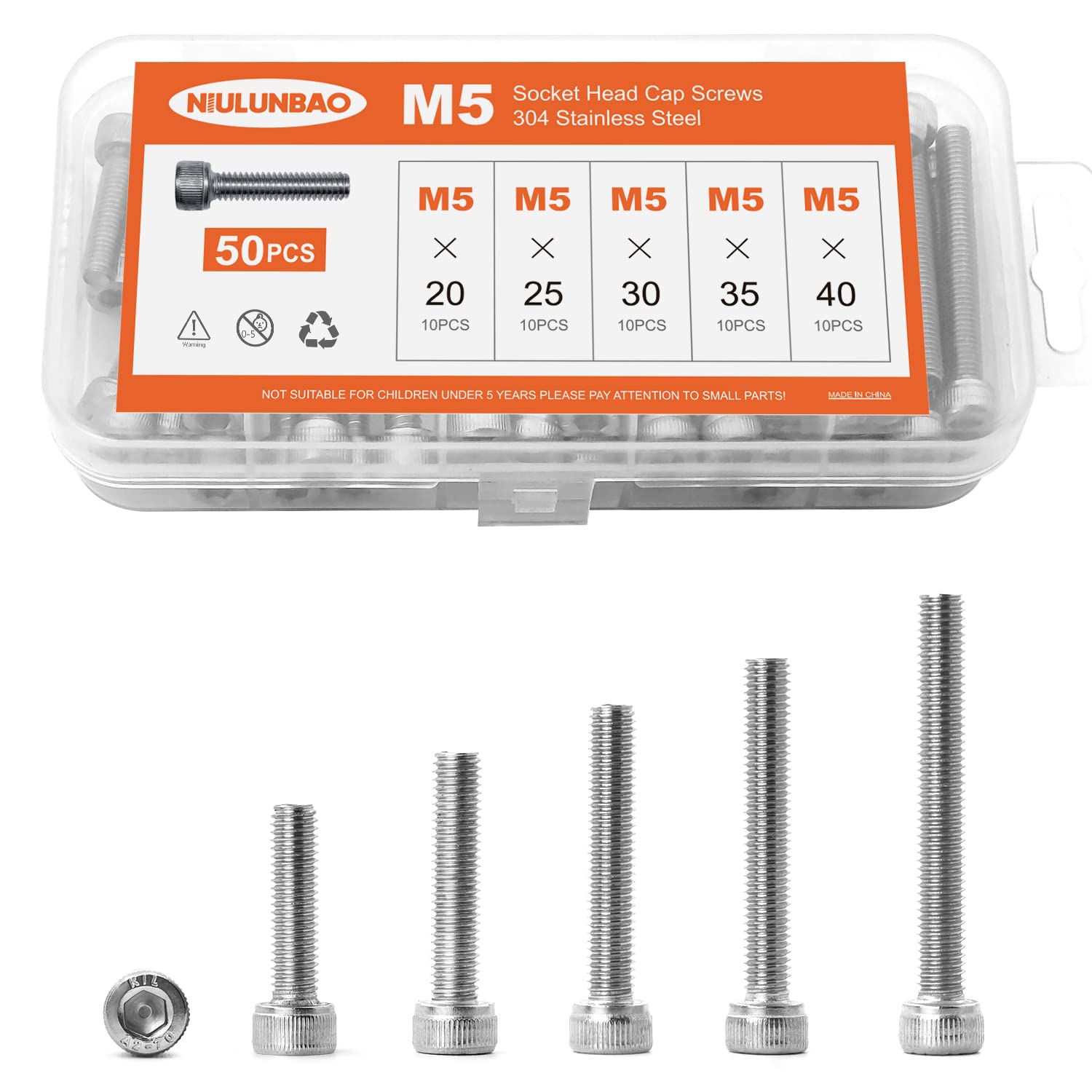 NIULUNBAO M5 x 20mm 25mm 30mm 35mm 40mm Hex Socket Head Cap Screws Bolts 304 Stainless Steel Allen Hex Drive Metric Machine, Fully Threaded,