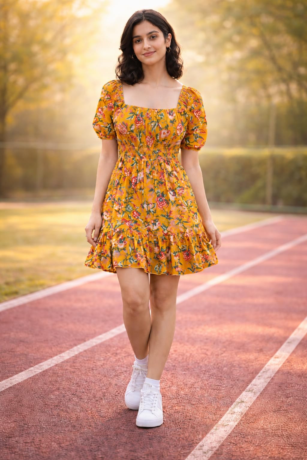 Women Floral Printed Rayon Fabric Yellow One Piece Dress, Square Neck, Puff Sleeves, Smocked Waist-picture-11