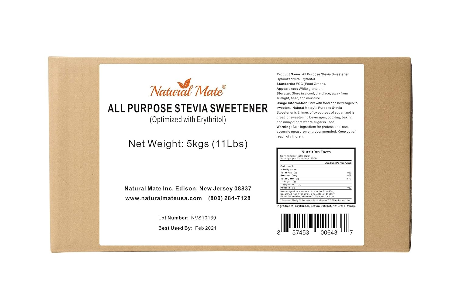 Natural Mate Zero Calorie Sweetener - Organic Stevia Granular Powder Blended with Erythritol - 2:1 Sugar Replacement for Keto, Paleo, Low GI (5kgs/11Lbs)