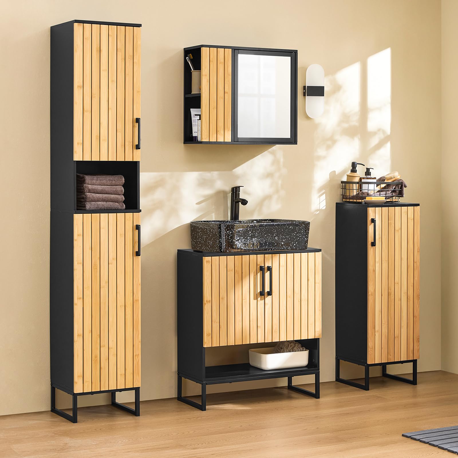 SoBuy Badkamer Onderkast - Wastafelonderkast - Wastafelkast - Wastafelmeubel - Badkamerkast met 2 Ploy Rotan Deuren et 2 Plank – L60 x B35 x H58cm, BZR72-W