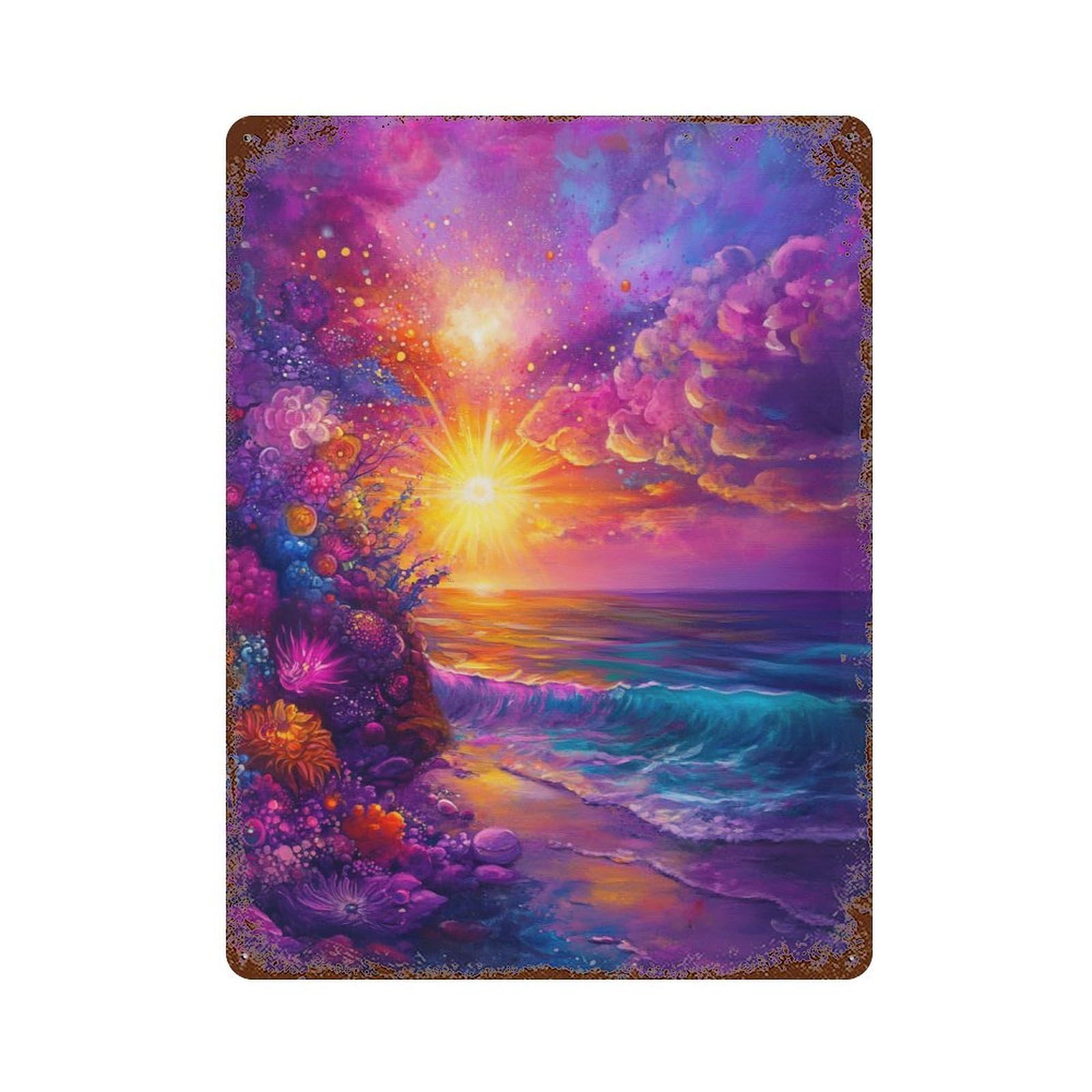 Ocean Sunset Painting Rust Effect Tin Sign 15.7"x11.8", Rustic Home Decor for Cafe, Home Bar And Lounge Decor