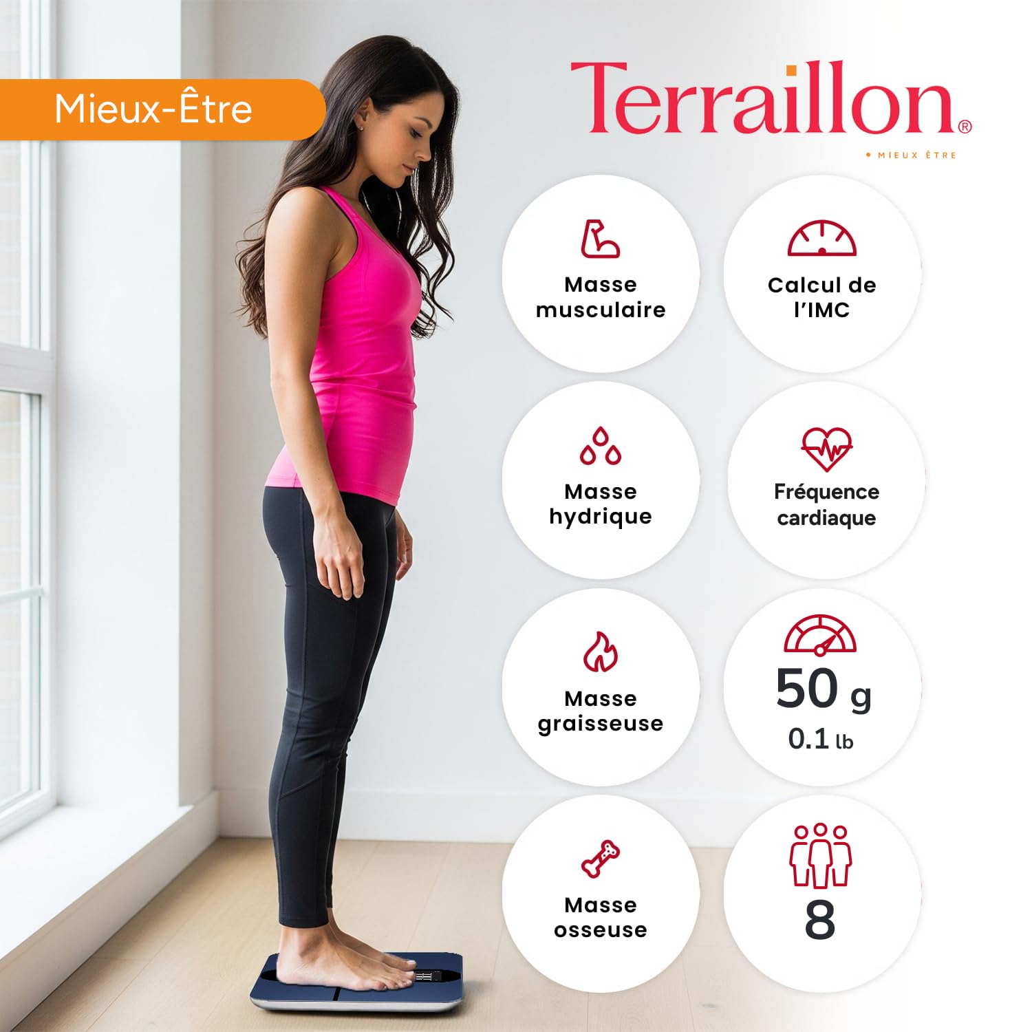 TERRAILLON - COLOR CONNECT - Połączona waga Bluetooth, tętno, masy: tłuszcz-mięśnia-wodno-kostna, BMI, pojemność 180 kg, podziałka 50g, kolorowy wyświetlacz Multi Display, Niebieski