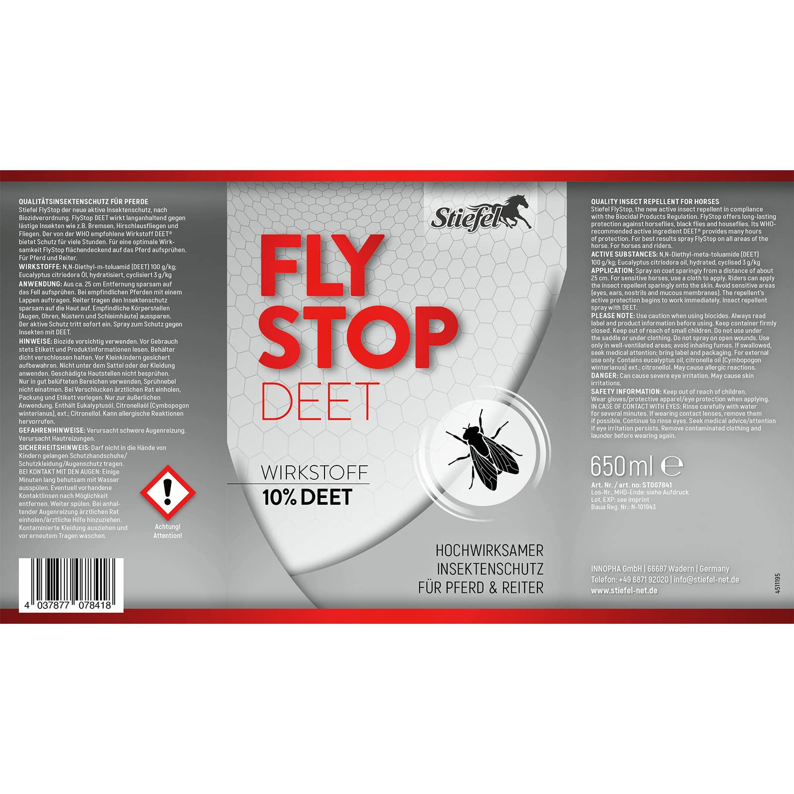 Stiefel Flystop DEET – Hochwirksamer, nahezu geruchloser Insektenschutz für Pferd & Reiter – Fliegenspray gegen Mücken, Bremsen & Zecken mit Langzeitwirkung – 650 ml Sprühflasche