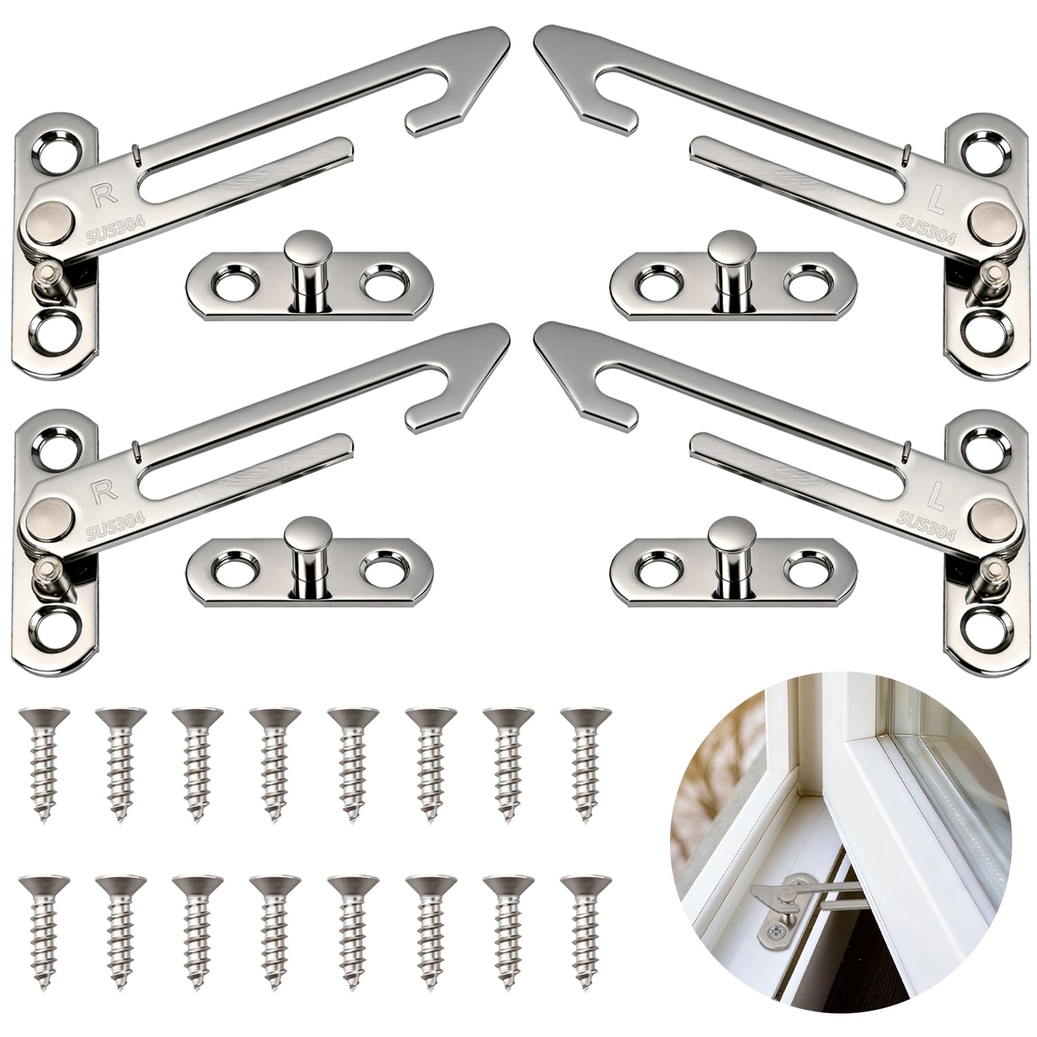 VLYX 4 Pack UPVC Child Safety Window Lock - Stainless Steel Security Restrictor Latches, Left/Right Hand Fit, Home & School