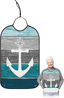 BOBOWUNY Turquoise Grey Ombre Wood Adult Bibs for Elder Women Men Eating, Beach Nautical Anchor Ocean Coastal Waterproof & Washable Bibs for Eating Clothing Protector Dining Bibs for Crumb Catcher