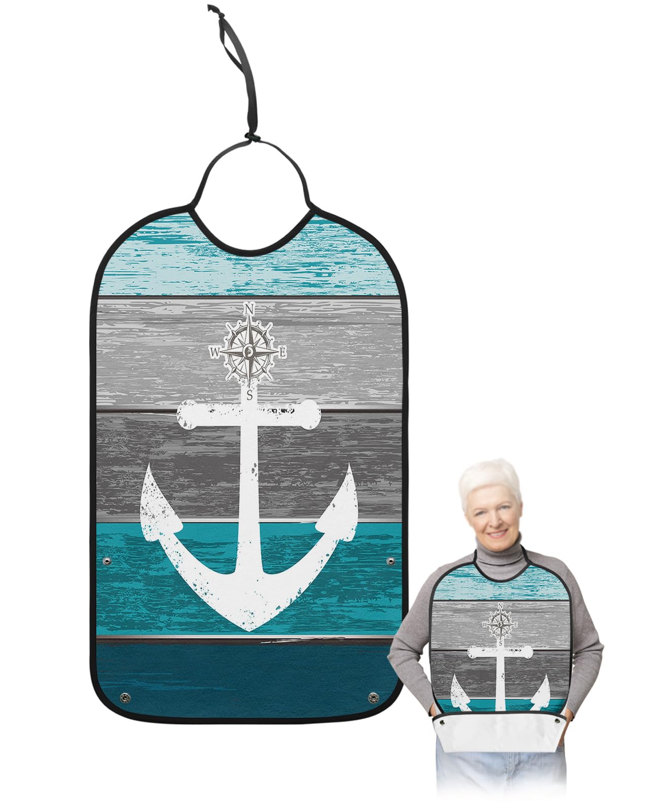 Turquoise Grey Ombre Wood Adult Bibs for Eating, Waterproof Bibs with Food Catcher & Adjustable Snap Closure, Beach Nautical Anchor Ocean Coastal Clothing Protectors Adult Bibs for Elderly Women/Men