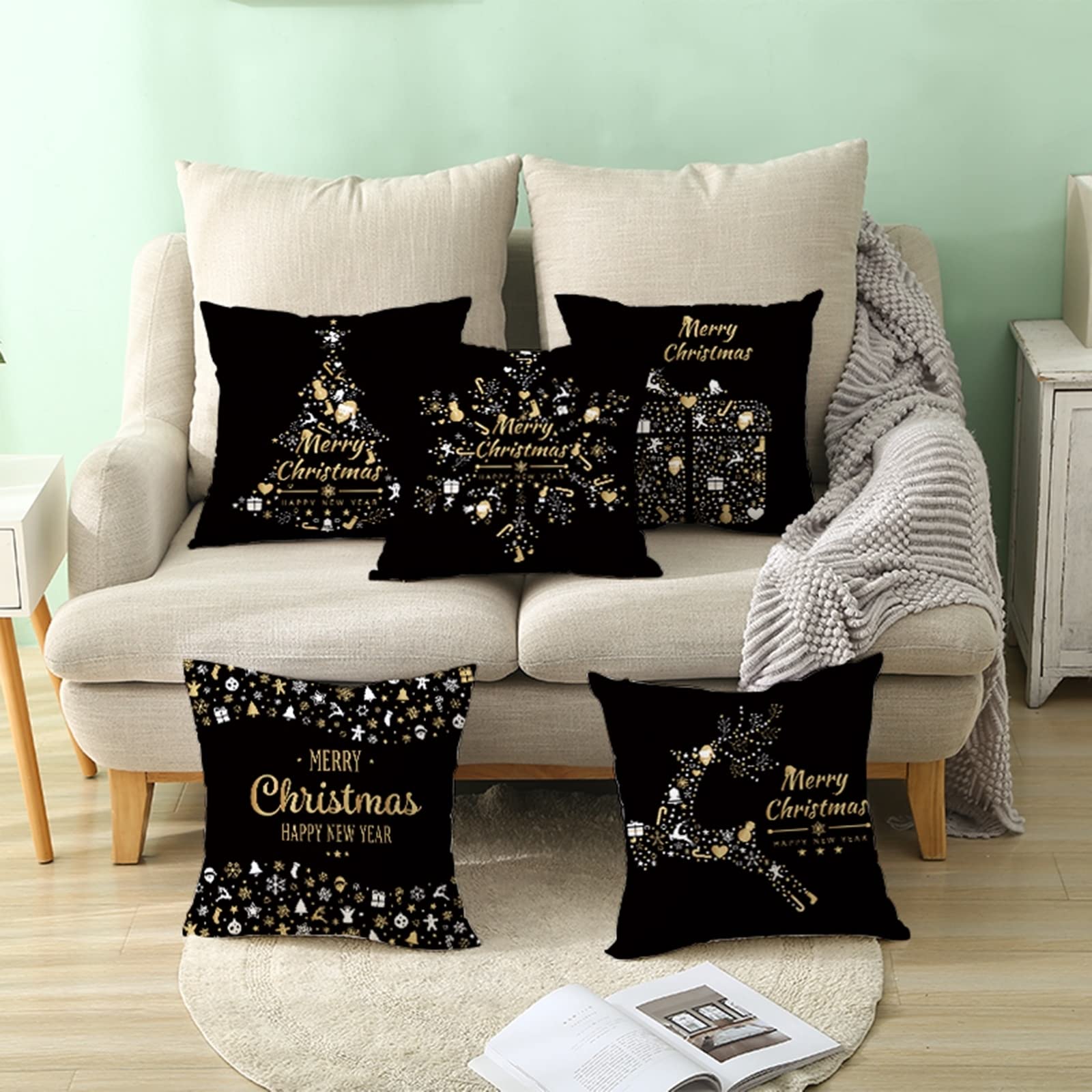 AmDxD Juego de 4 fundas de cojín navideñas de 50 x 50 cm, de poliéster, para salón, dormitorio, negro, dorado y blanco