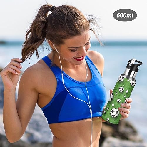 Miniatura 6 de Soccer Balls Green Insulated Stainless Steel Water Bottle with Straw 20 Oz Leakproof Water Bottles, BPA-Free Sport Water Bottle
