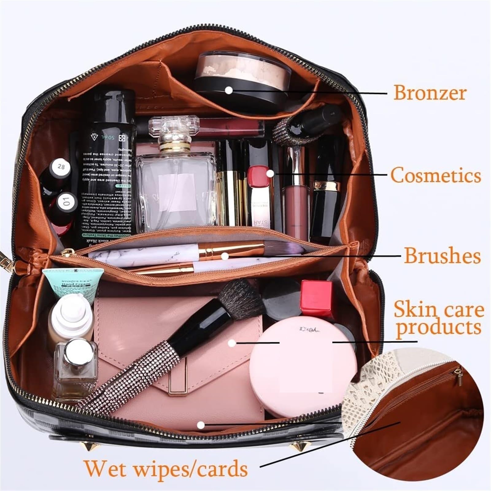 Porta Trucchi Pochette Trucchi Borsa For Cosmetici Da Viaggio Borsa For Trucchi Scozzese A Quadretti Borsa Portatile In Pelle Con Manico E Scomparti Trousse Trucchi Donna(Black)