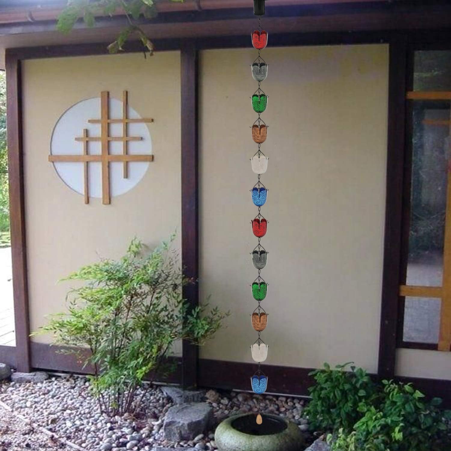 8.5FT Multicolor Rain Chains for Gutter and Rain Barrel, Rust-Resistant Plated Iron Rain Chain, Decorative and Functional Replacement for Downspouts or Gutters, W/Gutter Adapter (2 x 6color Cups)