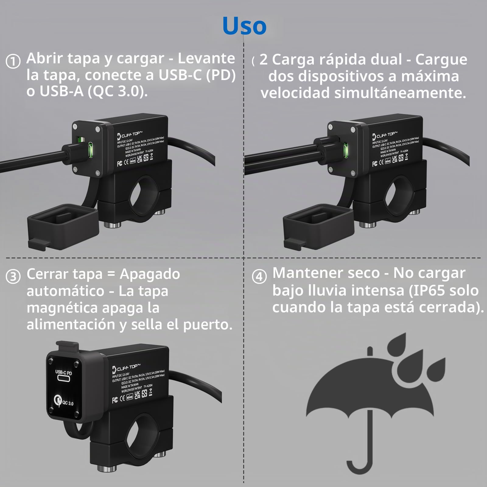 Cliff Top Cargador USB de aluminio para motocicleta PD USB-C y QC 3.0 de 36 W con interruptor de encendido magnético y resistente al agua para manillares de 7/8 '', 1 '' y 1 1/4 ''