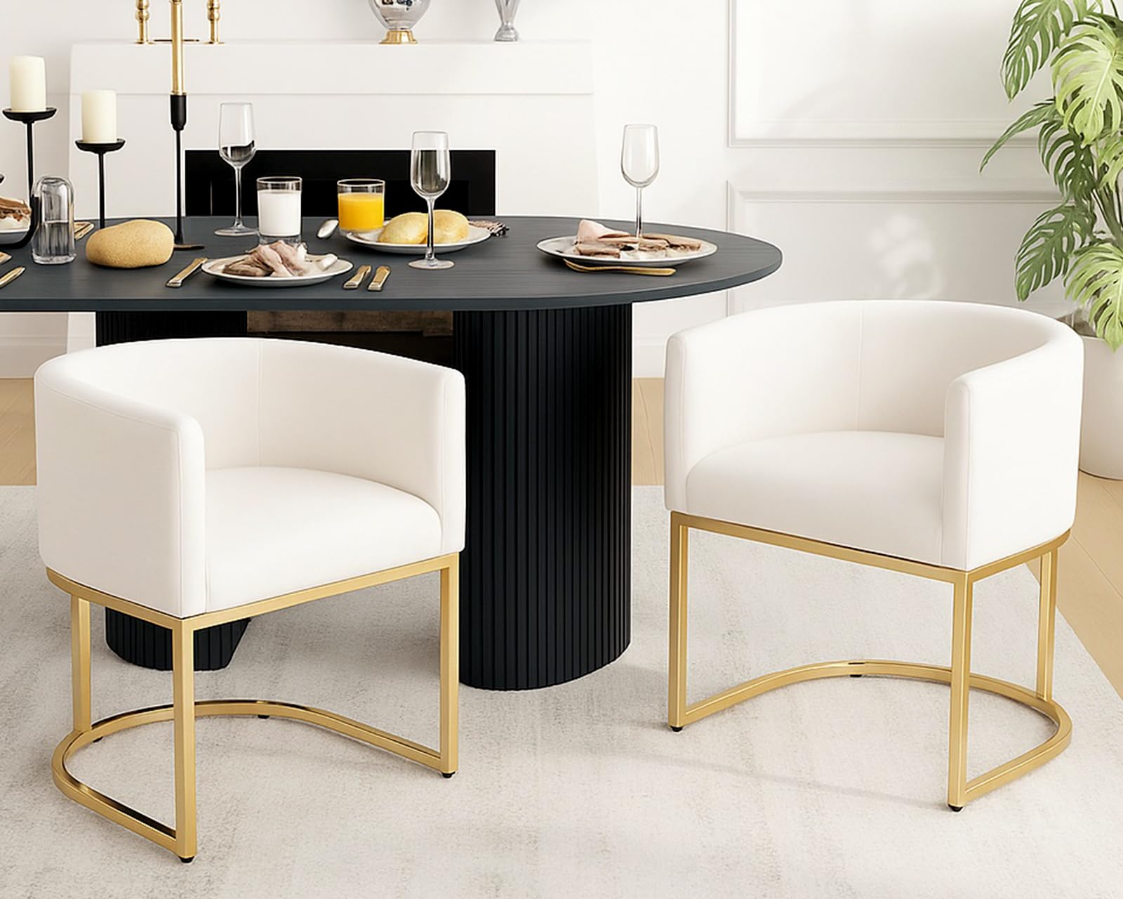 HNY Mid Century Modern Upholstered Barrel Dining Chairs with Arms Set of 2, Velvet Kitchen &amp; Dining Room Chairs, 18.5" Wide Accent Chairs for Dining Room Living Room with Gold Metal Frame, Cream