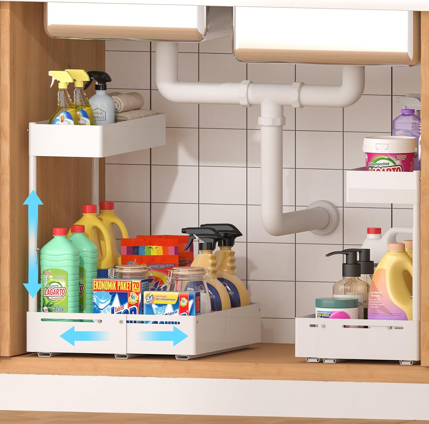 REALINN 2 Pack Expandable Under Sink Organizers and Storage, 2 Tier Under Cabinet Organizer, Heights Adjustable Pull Out Rack for Kitchen Bathroom Laundry, White