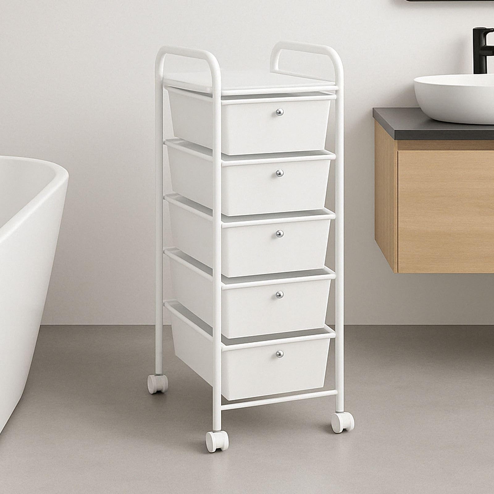 IDIMEX Caisson sur roulettes GINA Chariot avec 5 tiroirs Blancs Transparent et 1 étagère, Meuble de Rangement pour Salle de Bain en métal laqué Blanc