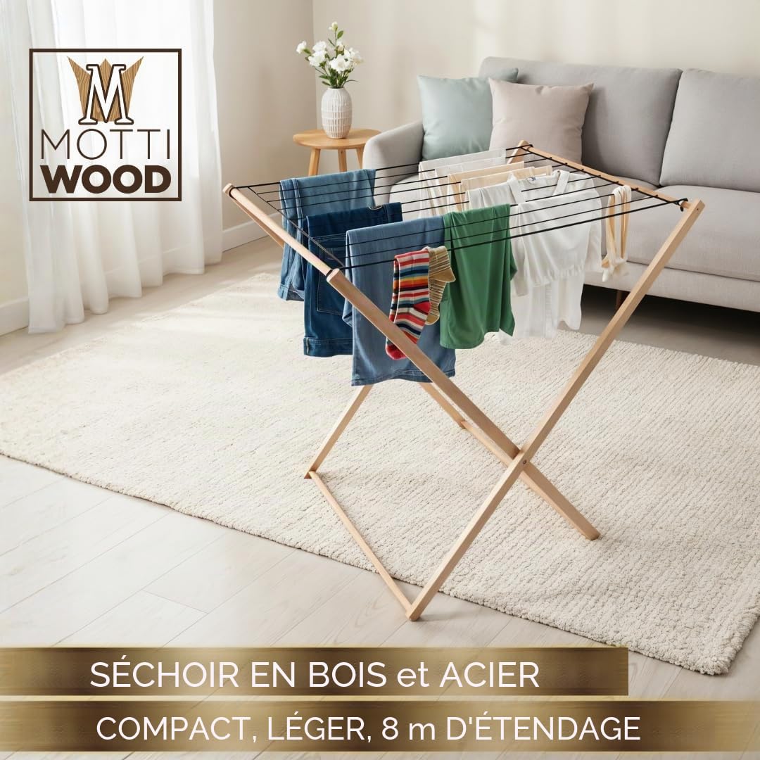 Mottiwood Étendoir à linge haut de gamme, gain de place, 8 m, avec grille en métal pliable, dimensions 92 x 67 x 92 (H) cm, séchoir structure en bois de hêtre, fabriqué en Italie