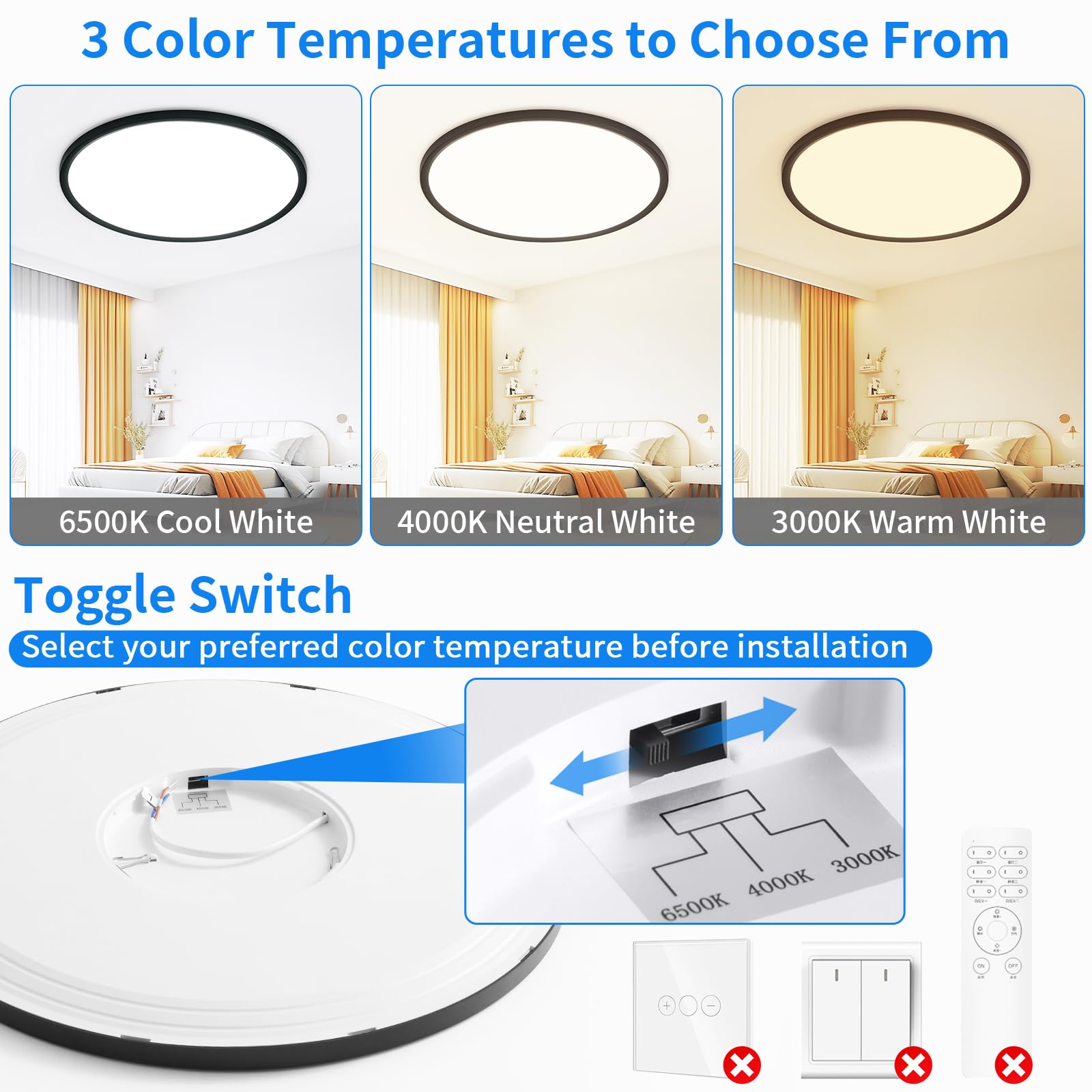 MOONSEA Plafoniera LED Soffitto 46W 49cm, 3 Temperature Colore 3000K/4000K/6500K, Bianca, Per Soggiorno E Camera
