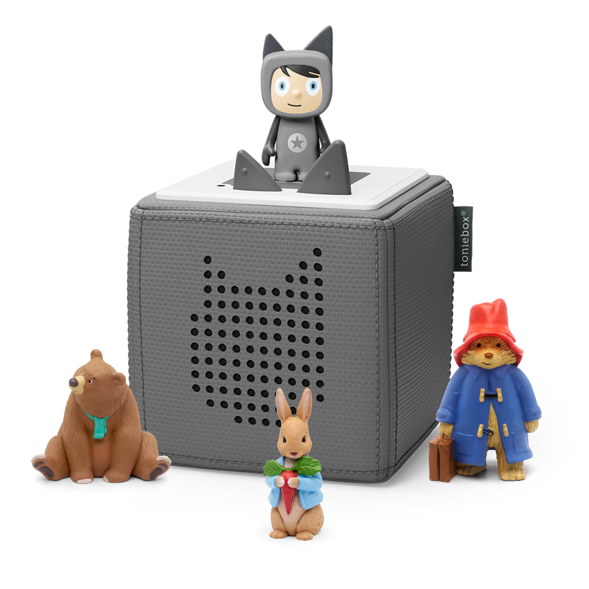 tonies Grey Toniebox Bundle Incl. 1 Creative Tonie and 3 Tonie Characters, Paddington, Peter Rabbit, We're going on a bear hunt, Screen-Free Music Player for Kids, Early Development & Activity Toys