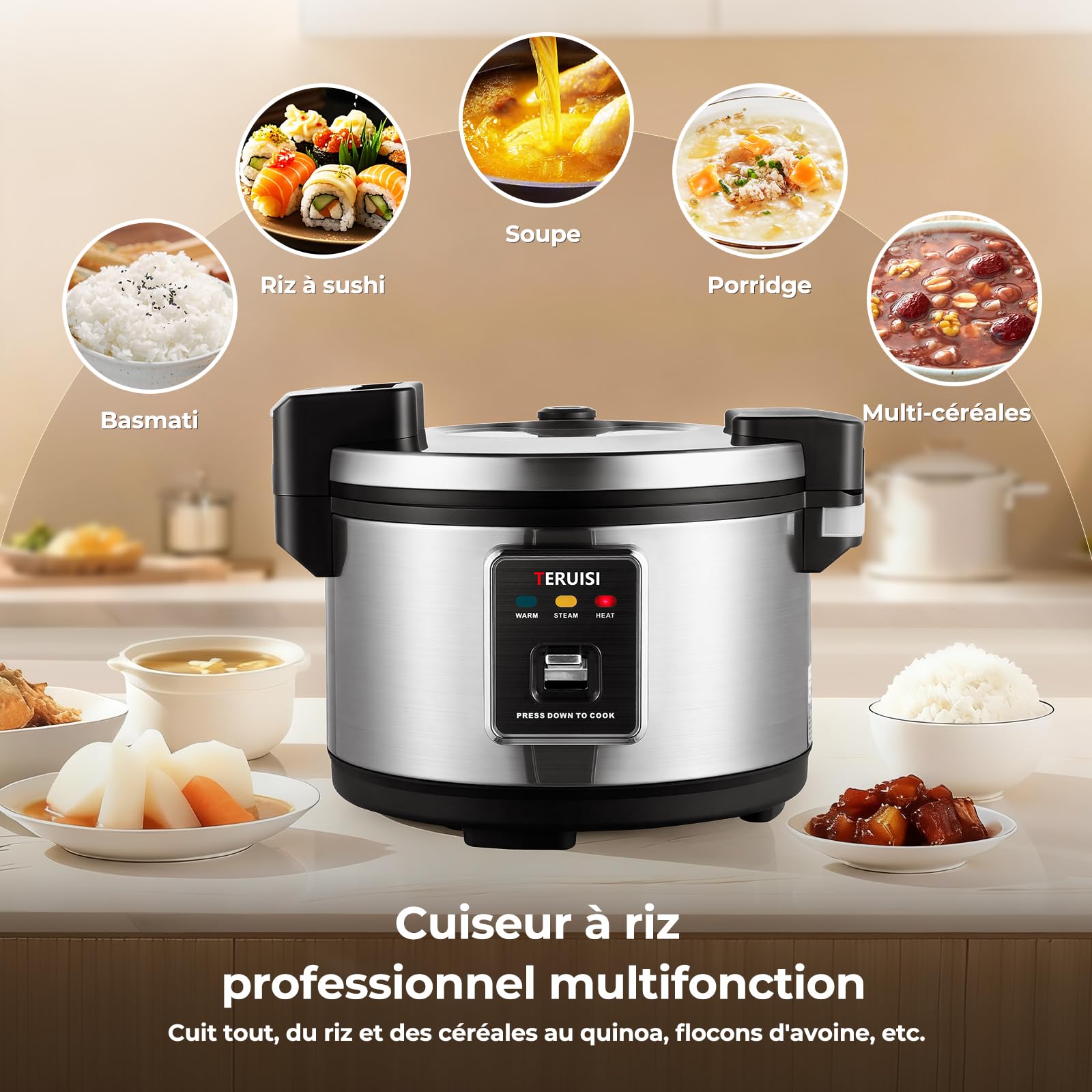 Cuiseur à Riz Professionnel 10 L 1850 W, Cuiseur de Riz Électrique Grande Capacité, Maintien au Chaud, 50 Tasses de Riz Cuit, Cuve Antiadhésive, Cuisson Rapide pour Restaurant, Traiteur