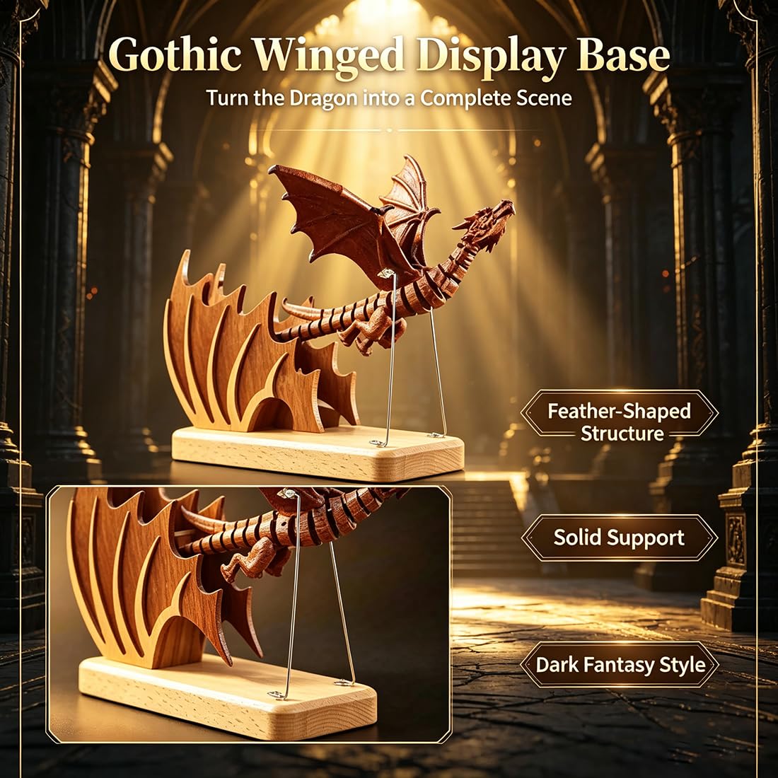 Scultura a forma di drago in legno, creature gotiche mobili come modello da
