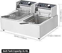 Vista 2 de Freidora profunda con canasta, freidora eléctrica de acero inoxidable con 2 cestas 12 cuartos de galón de capacidad, 3600 W, freidora comercial