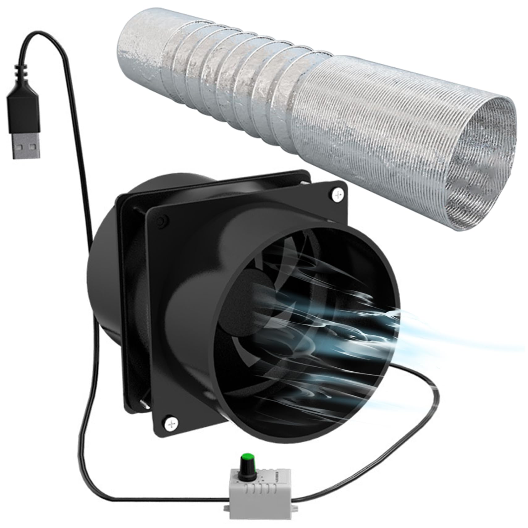 Portable Extractor Fan with 1m Duct Hose USB Adjustable DIY Ventilation Fan Powerful 5V 2A Brushless Motor Exhaust Fan for Kitchen Bathroom Smoke Extractor Fan Exhaust Fan Ventilation Fan Blower Fan