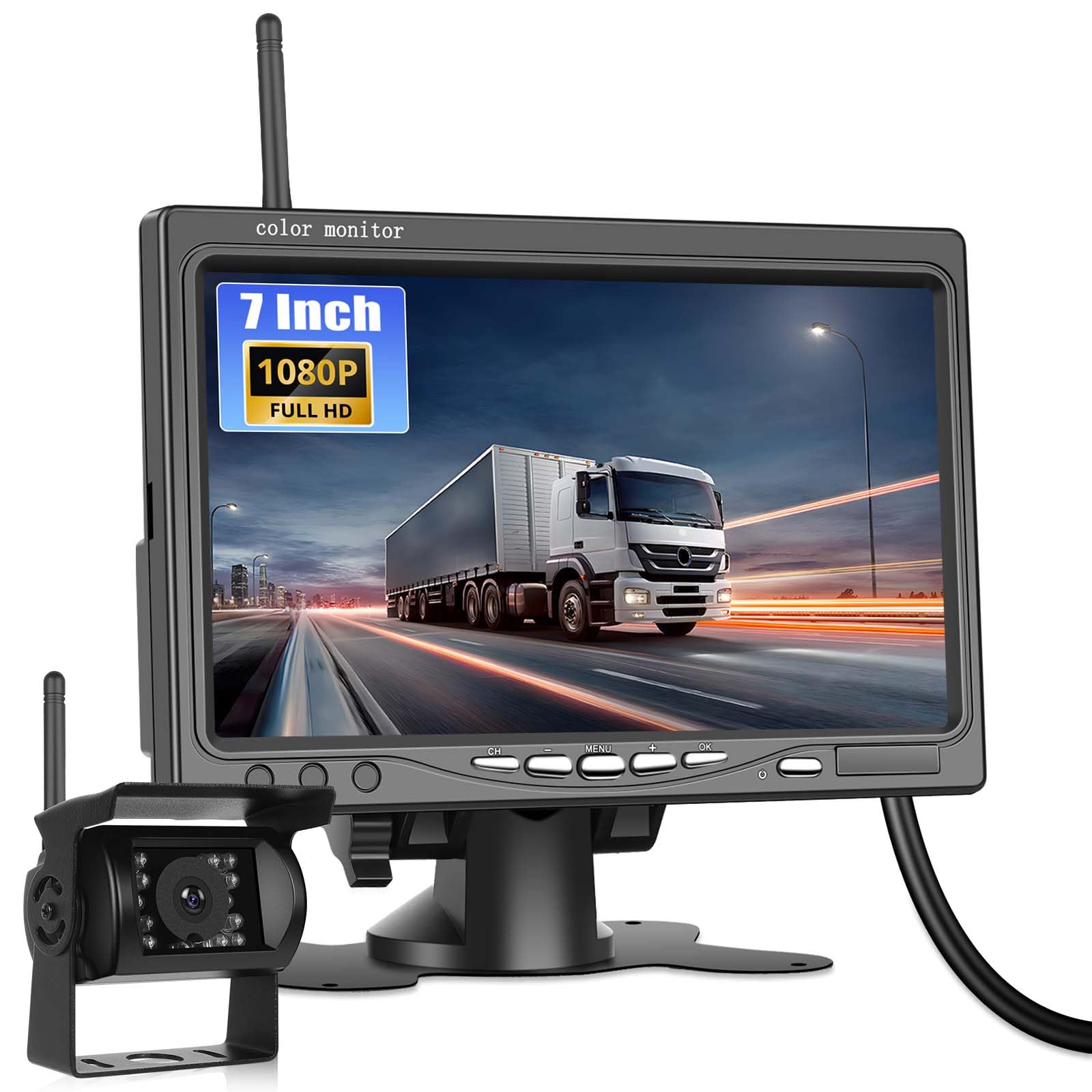 Camara Marcha Atras Inalámbrica 7 Pulgadas 1080P, IP68 Impermeable + Visión Nocturna + BSD Cámara de Marcha atrás para 12V-36V Camión Camper RV Furgonetas
