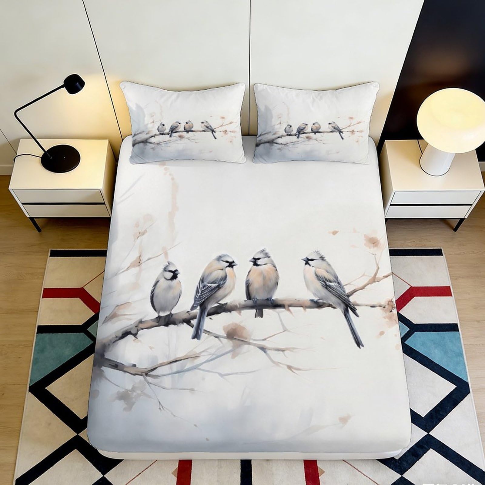 3D Printed Bird Pattern Fitted Sheet Microfiber Soft Breathable Branch Mattress Cover for Bedroom Dormitory Guest Room Bed Protection Decoration 160x200x25cm