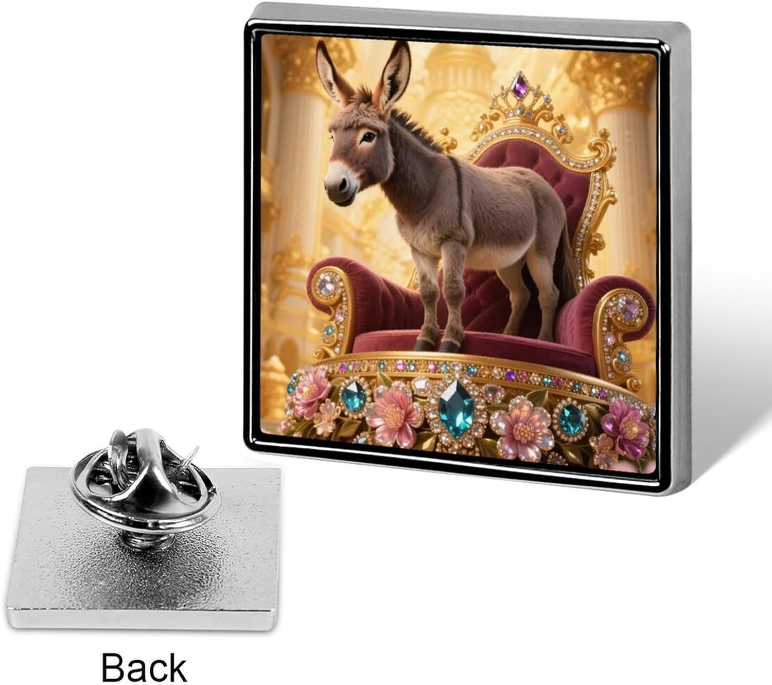 Donkey on Gem Throne Lapel Pin, Square Enamel Pin, Cute Brooch for Jackets, Hats & Tops | Suit Pins for Men | Lightweight Alloy Metal Fashion Clothing Accessory image 3