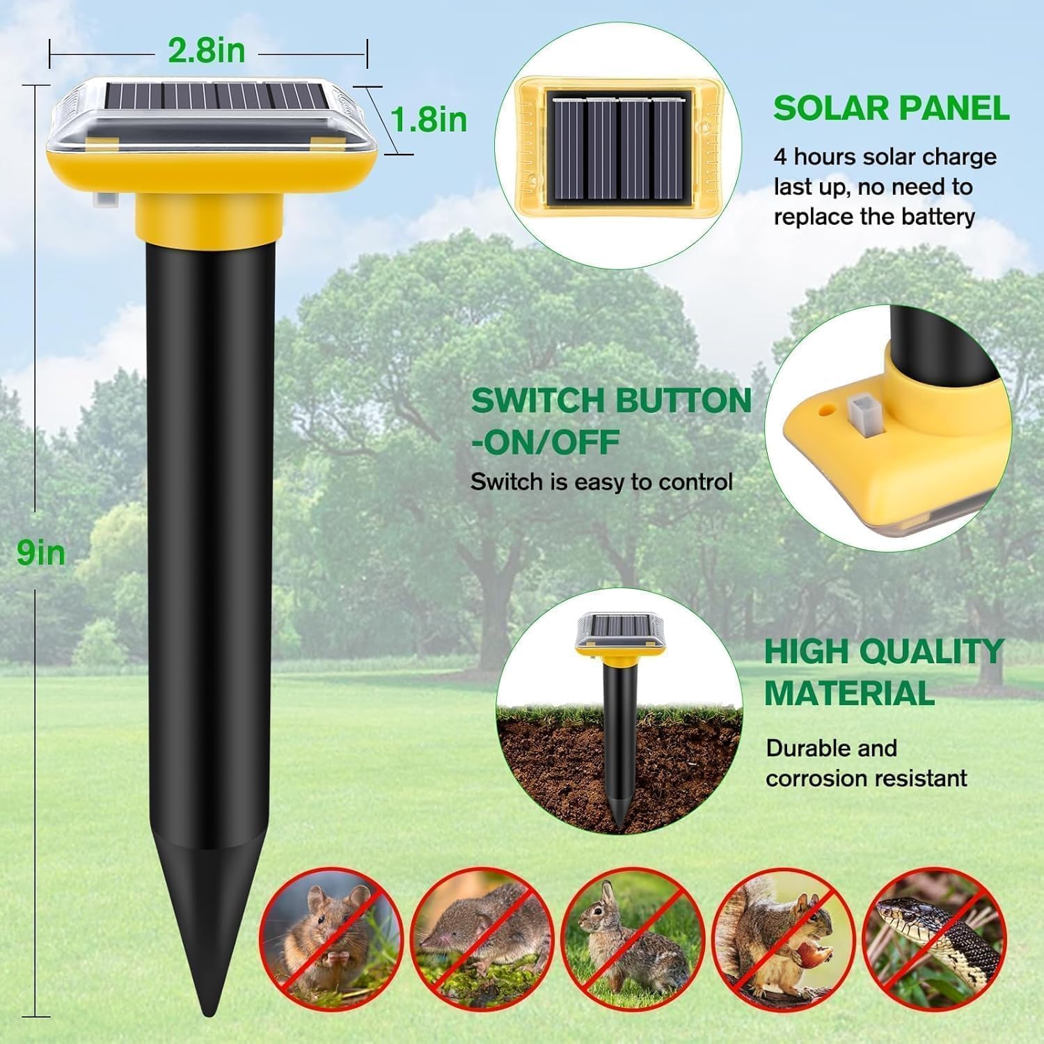 Ultrasonic Mole Repellent Outdoor, 6 Pack Gopher Repellent Solar-Powered for Lawn Yard and Garden, Waterproof Mole Killer Traps, Effectively Repels Gopher Vole Groundhog Snake, Yellow